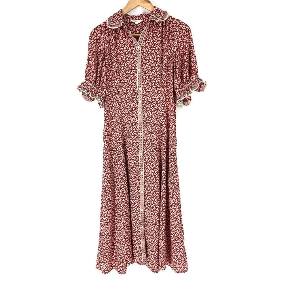 Max Studio Dress XS Red Pink Berry Print Puff Sleeve Midi Prairie Twirl Button